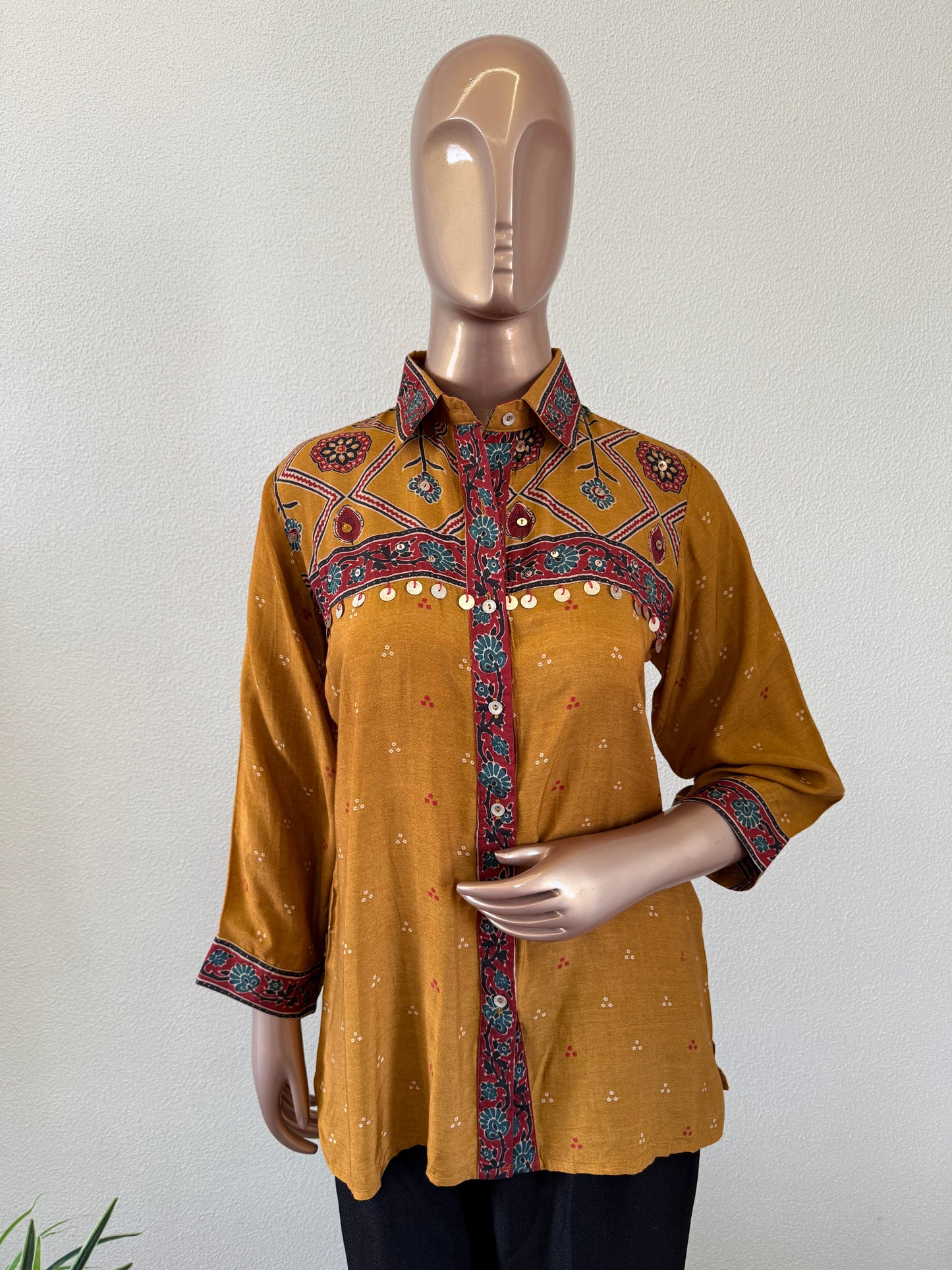 Digital Ajrakh Print Muslin Shirt- Mustard