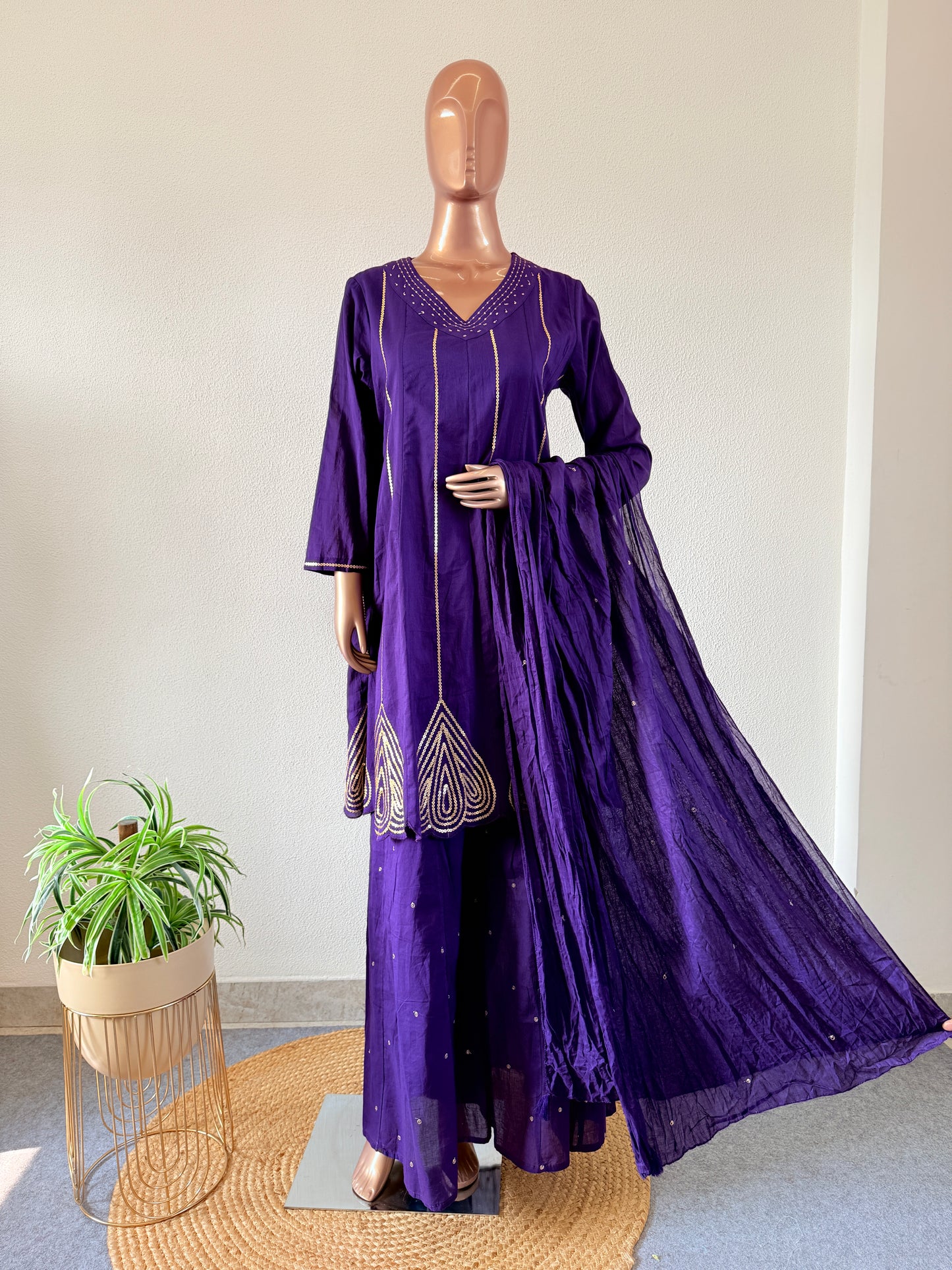 Sequin Work Short Anarkali Suit Set- Purple