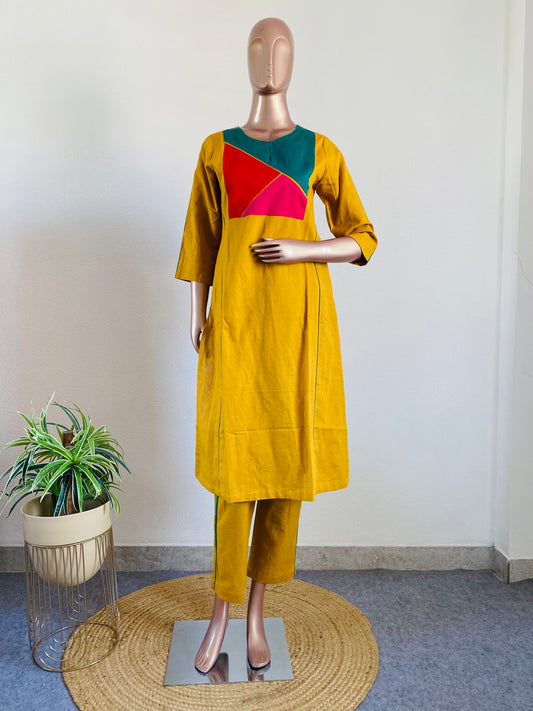 Premium Cotton Linen Kurta Pant Set in Color Block