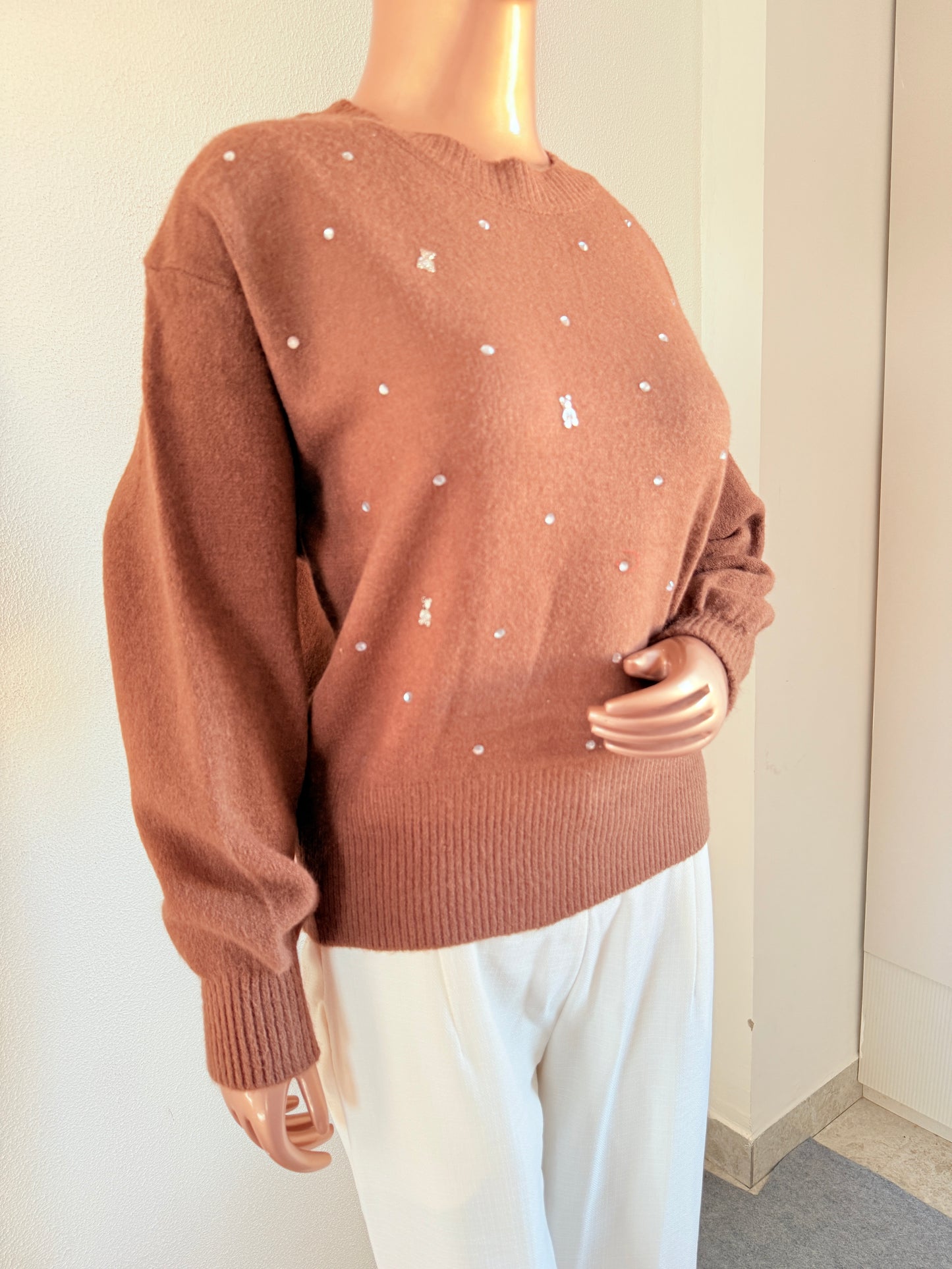 Woollen Top with Diamond and Teddy Bear Studs - Brown
