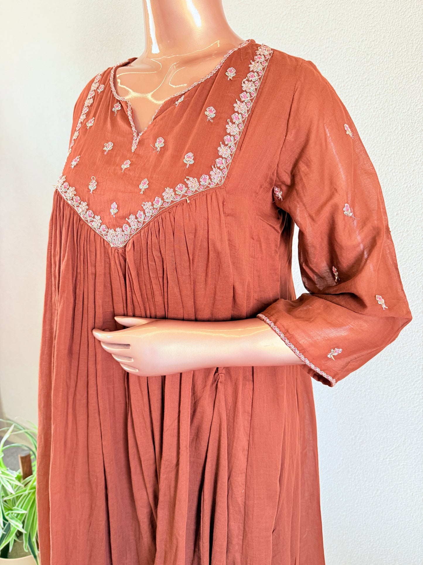Mul Cotton Frock Suit with Zari Work - Brown