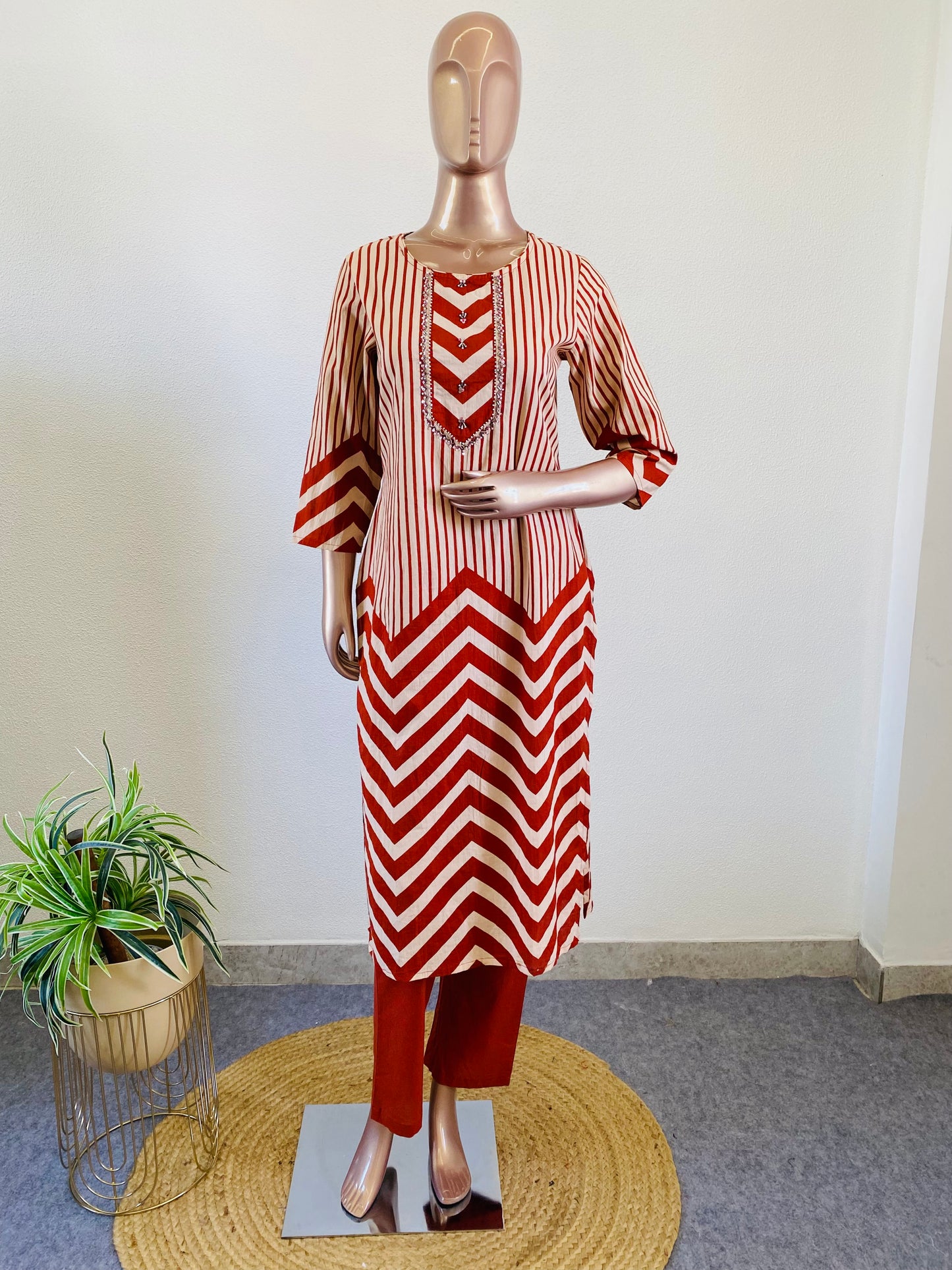 Zig Zag & Floral Cotton Suit Set - Rust