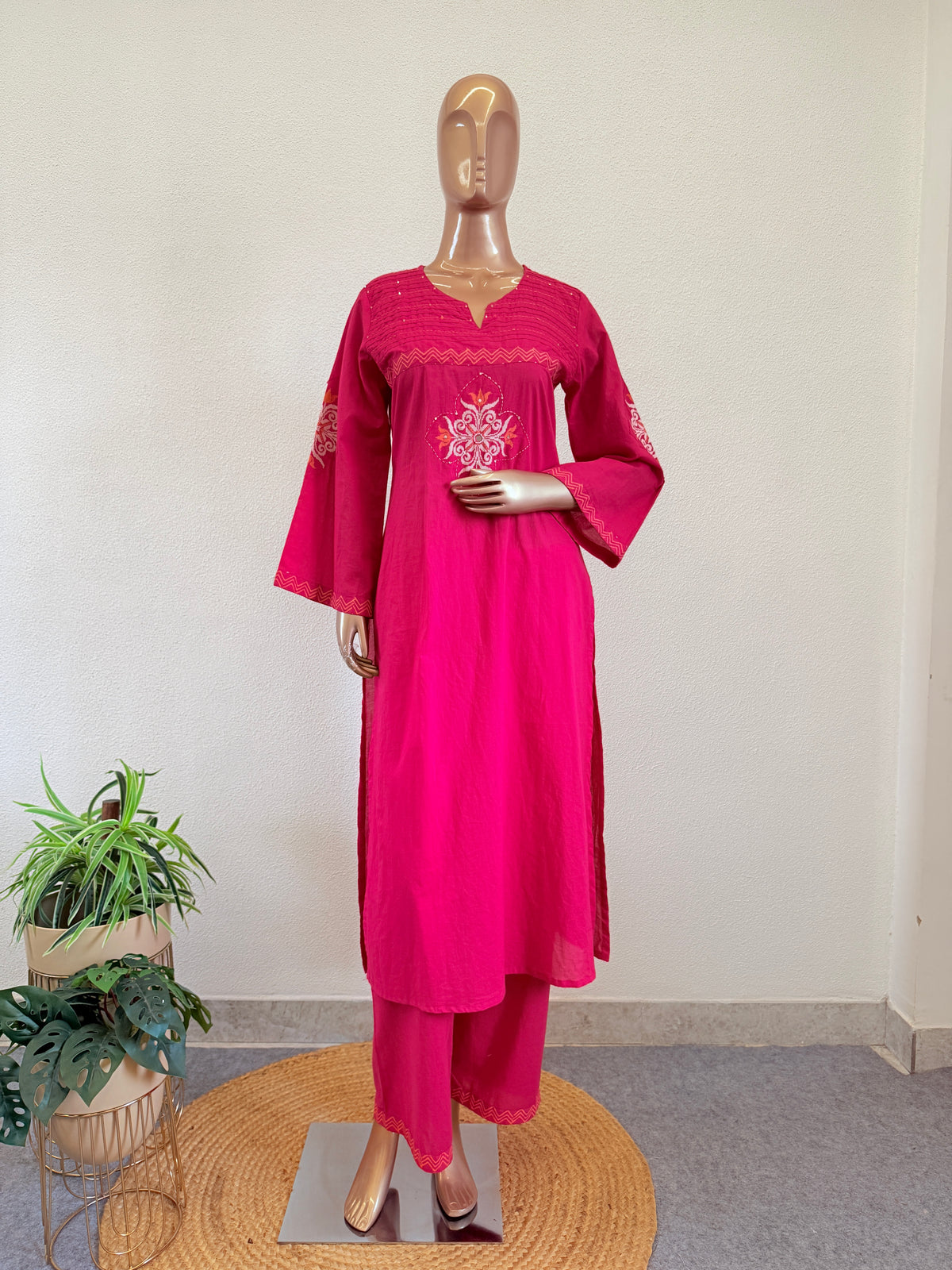 Rani Pink Cotton Flex Straight Suit Set with Pintuck & Mirror Accents