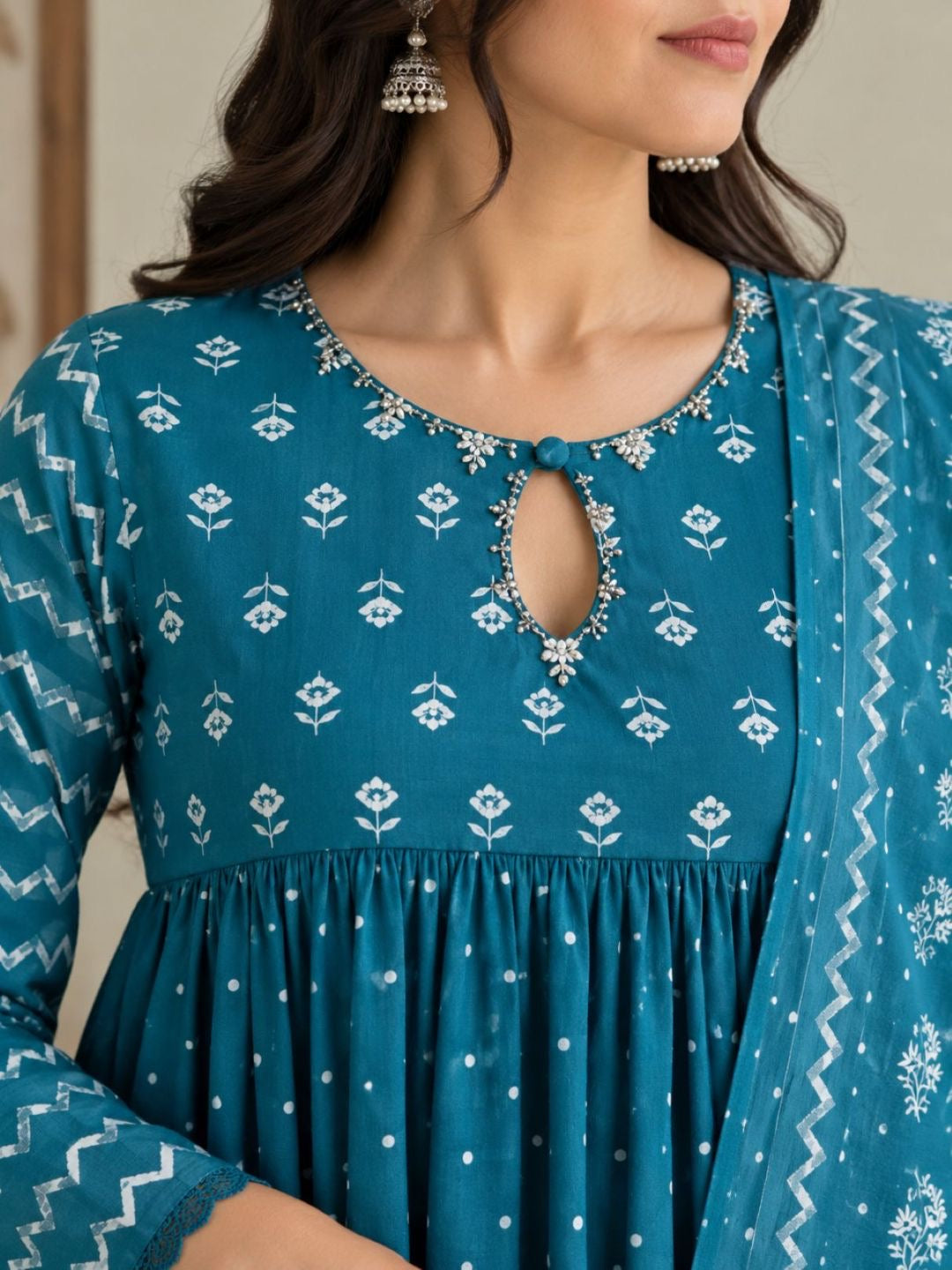 Tiered Floral & Booti Print Silk Anarkali Set with Lace Dupatta - Teal