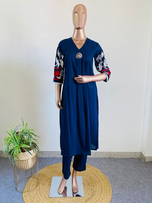 Embroidered Sleeve Cotton Kurta Pant Set