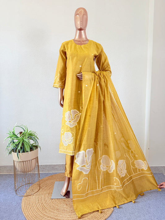 Chanderi Self Woven Suit Set with Kantha Work