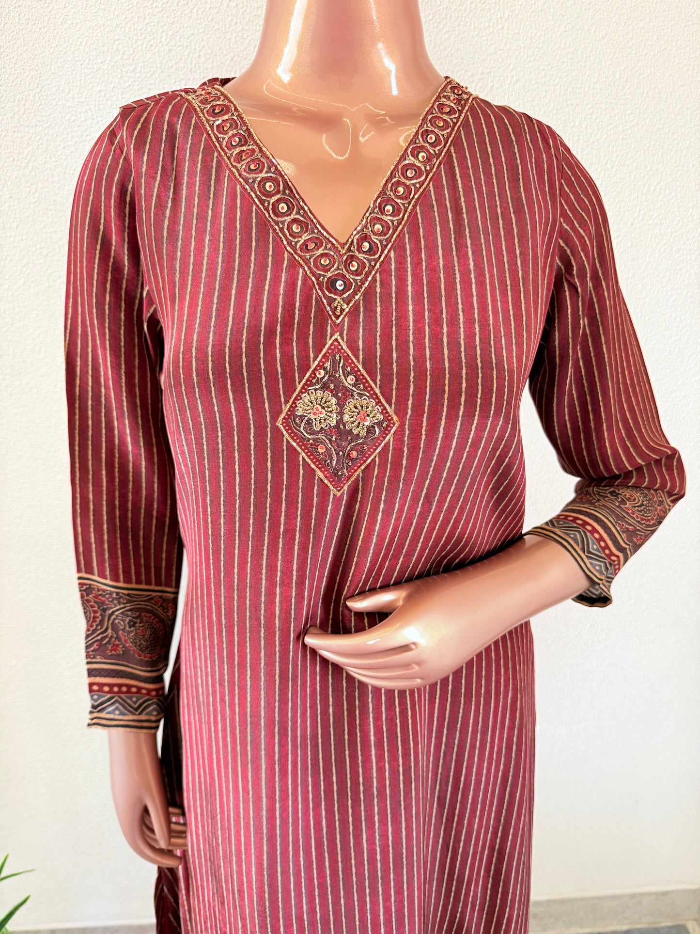Ajrakh Digital Print Crepe Suit Set with V Neck Line