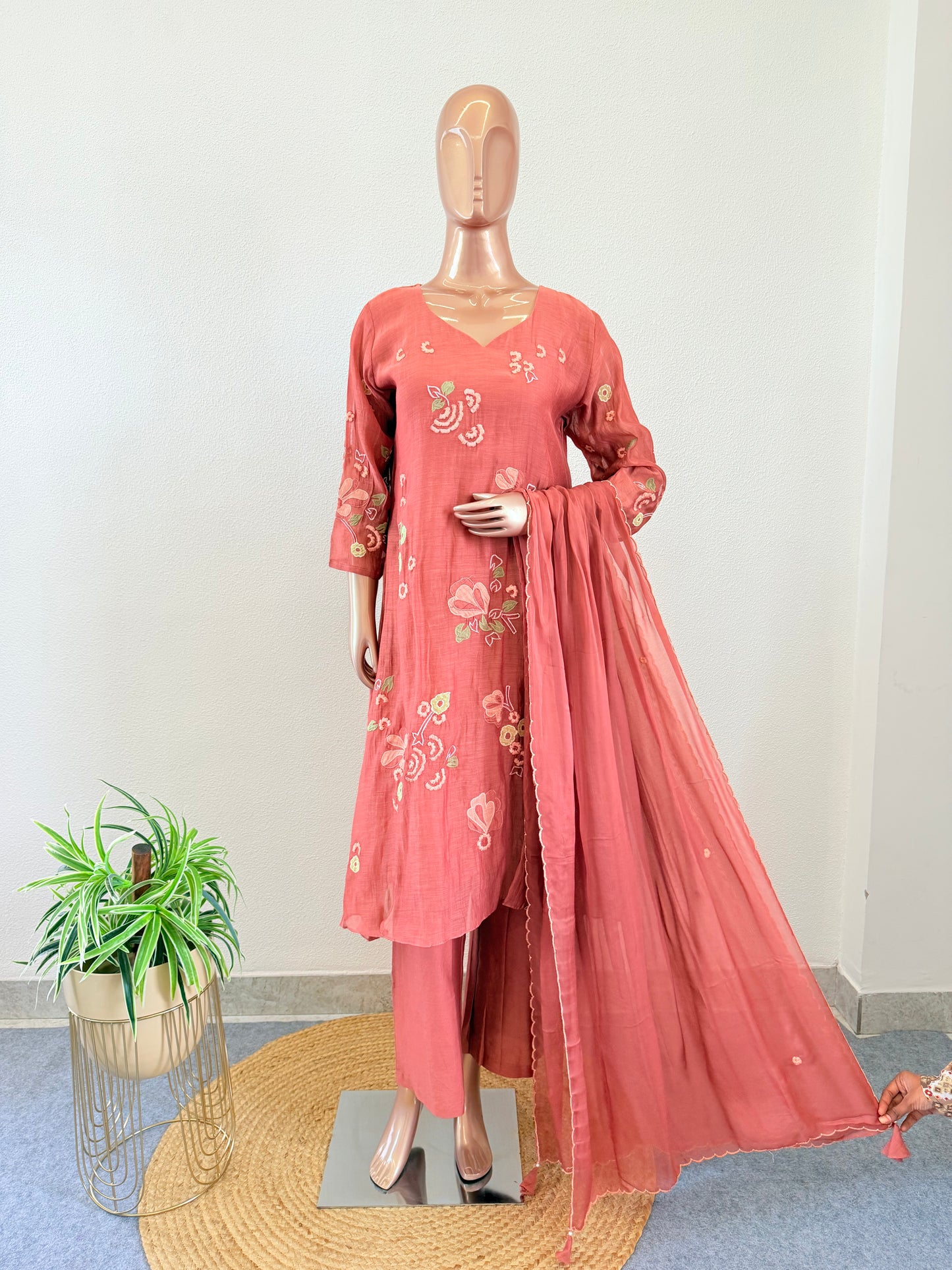Appliqué Work Mul Chanderi A-line Suit
