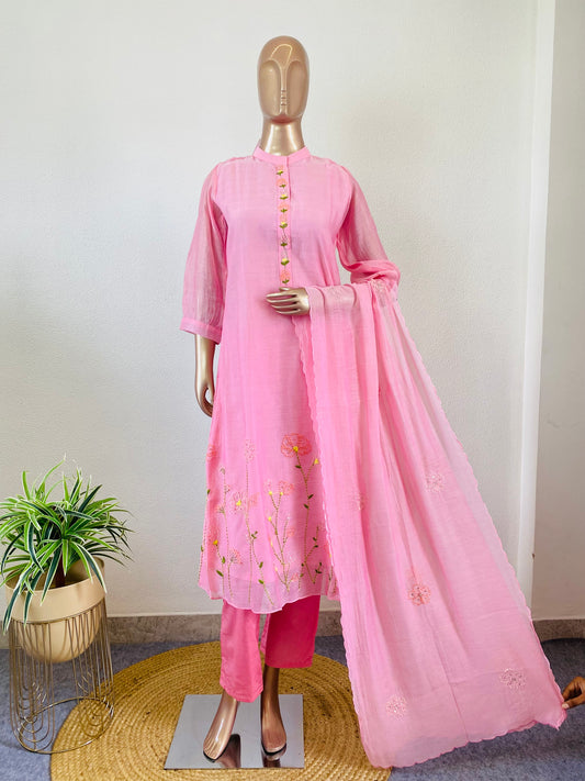 Mul Chanderi A-line Suit Set with delicate Hand Work