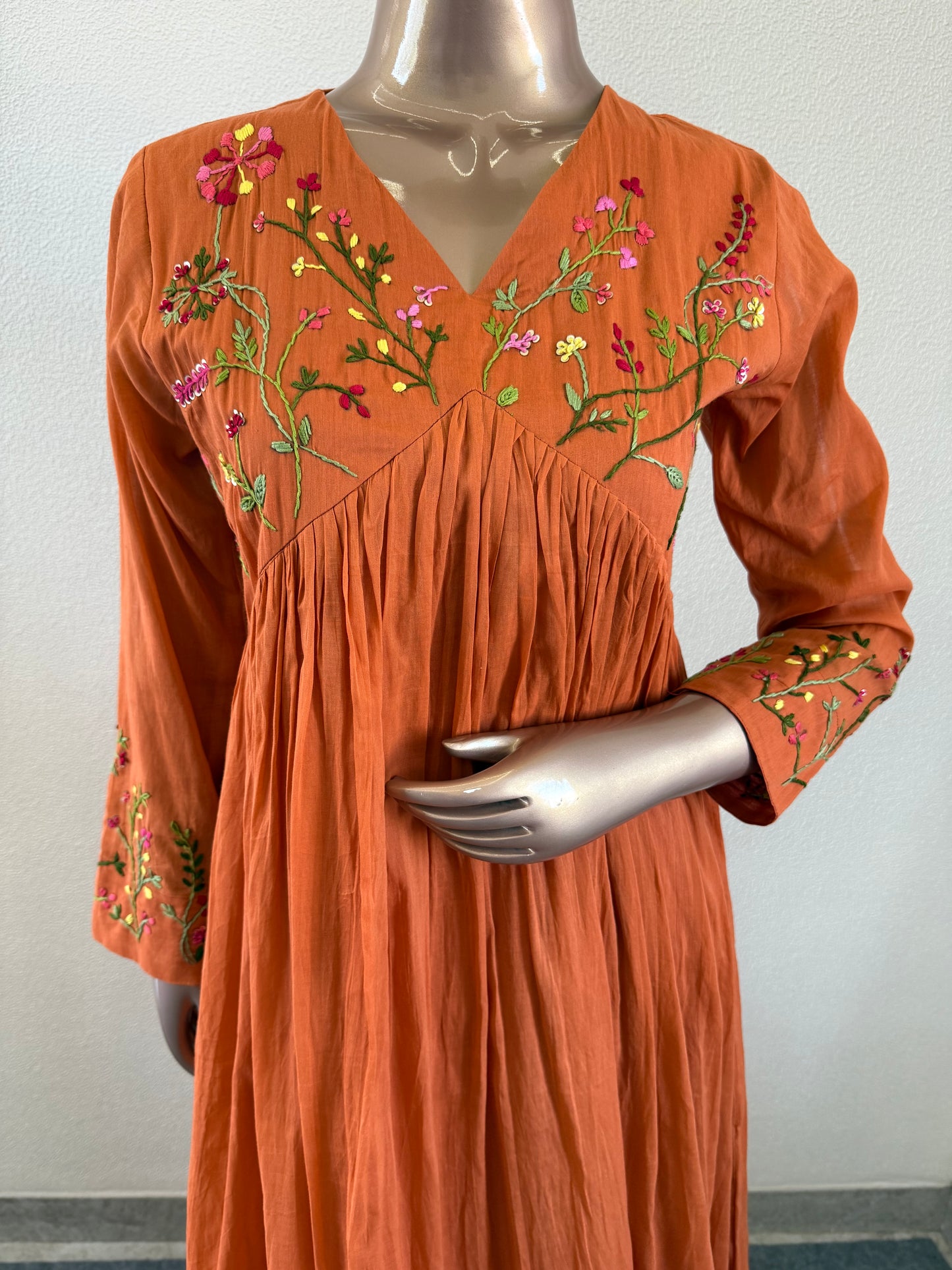 Malai Cotton Frock Suit Set with Hand Embroidery - Rust