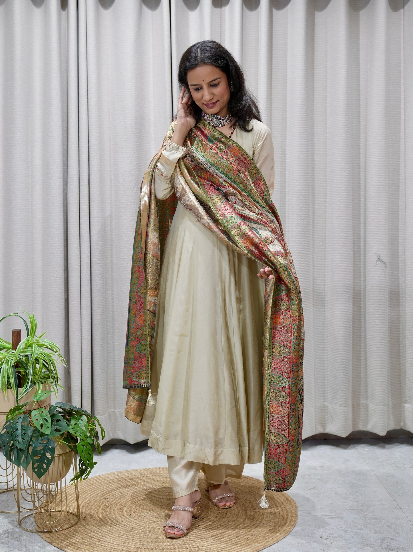 Embroidered Neckline Silk Anarkali Set with Banarasi Brocade Dupatta