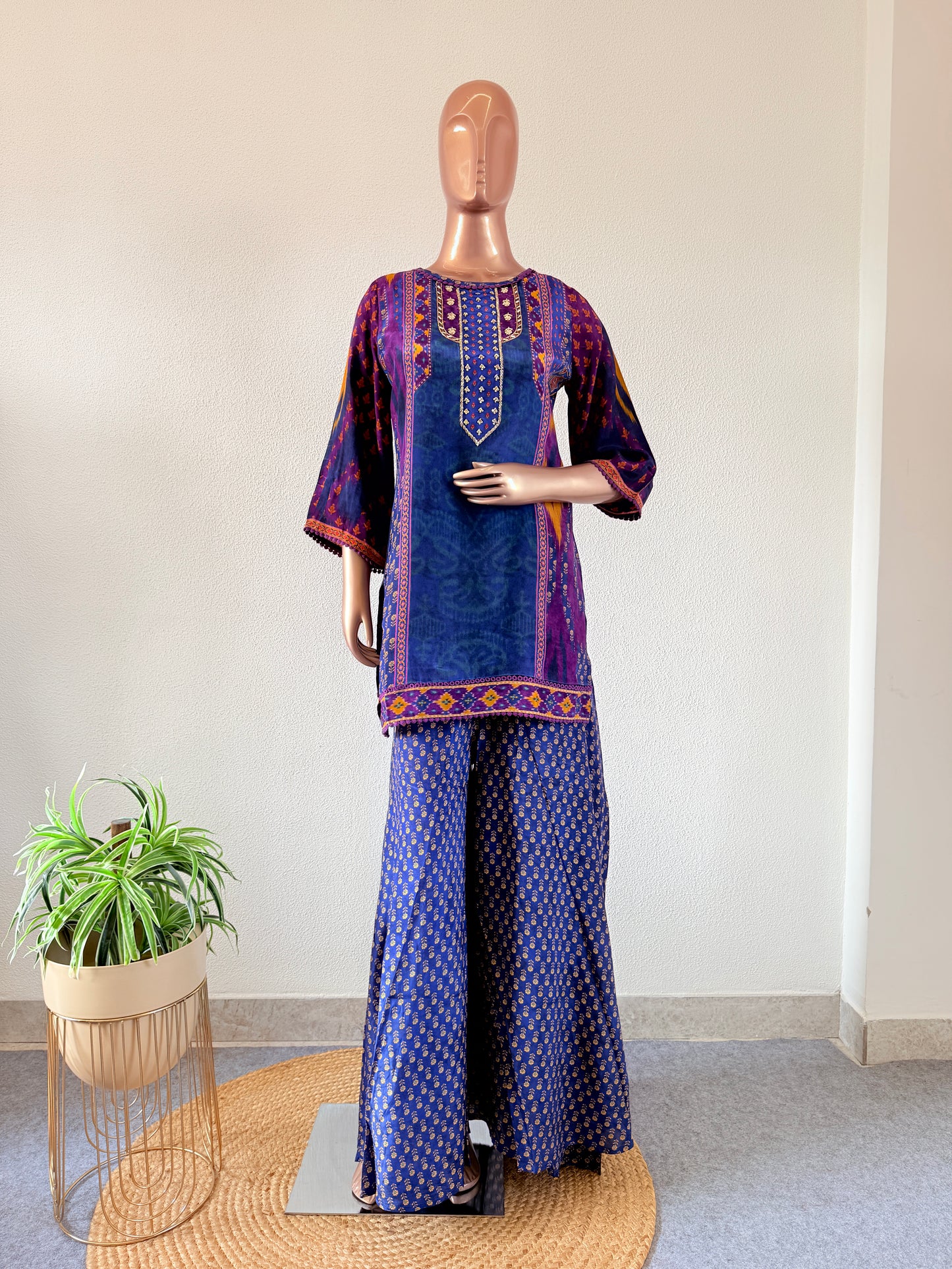 Ikkat Print Crepe Palazzo Set - Blue