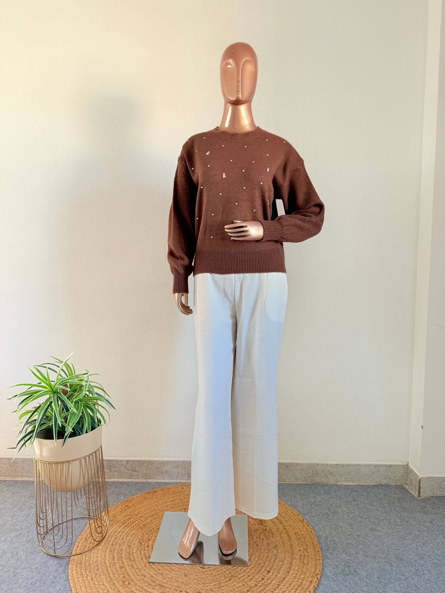 Woollen Top with Diamond and Teddy Bear Studs - Brown