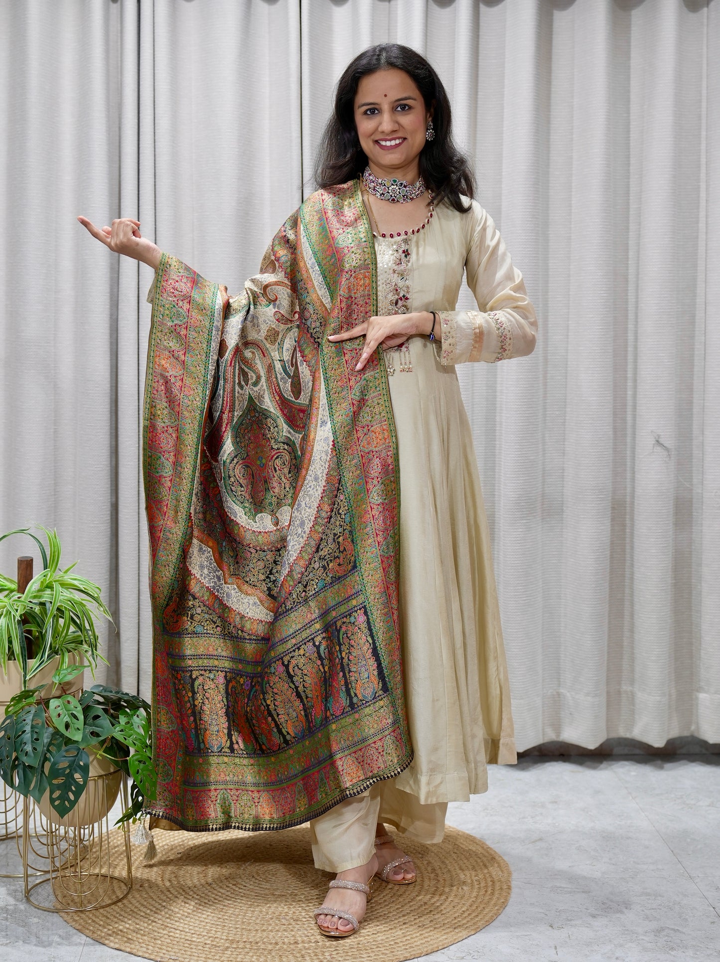 Embroidered Neckline Silk Anarkali Set with Banarasi Brocade Dupatta
