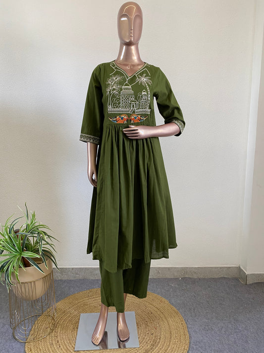 Yoke Embroidered Slub Cotton Kurta Pant Set