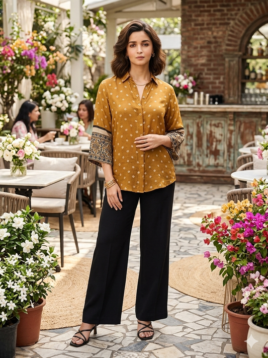 Crepe Bandhani Shirt  - Yellow