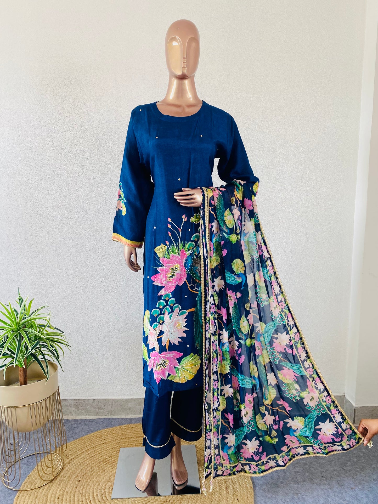 Peacock Print Muslin Silk Suit with Organza Dupatta