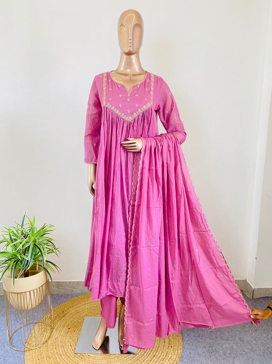 Embroidered Yoke Mul Cotton Frock Suit Set