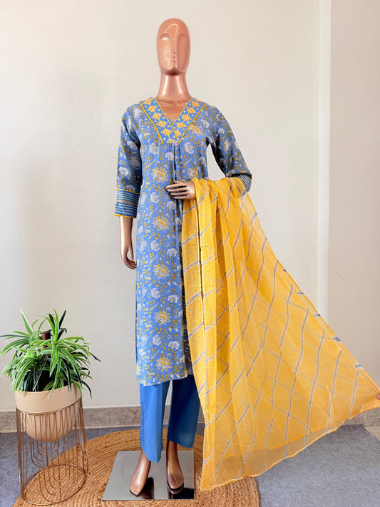 Muslin Hand Block Suit Set with Kota Doria Lehriya Dupatta