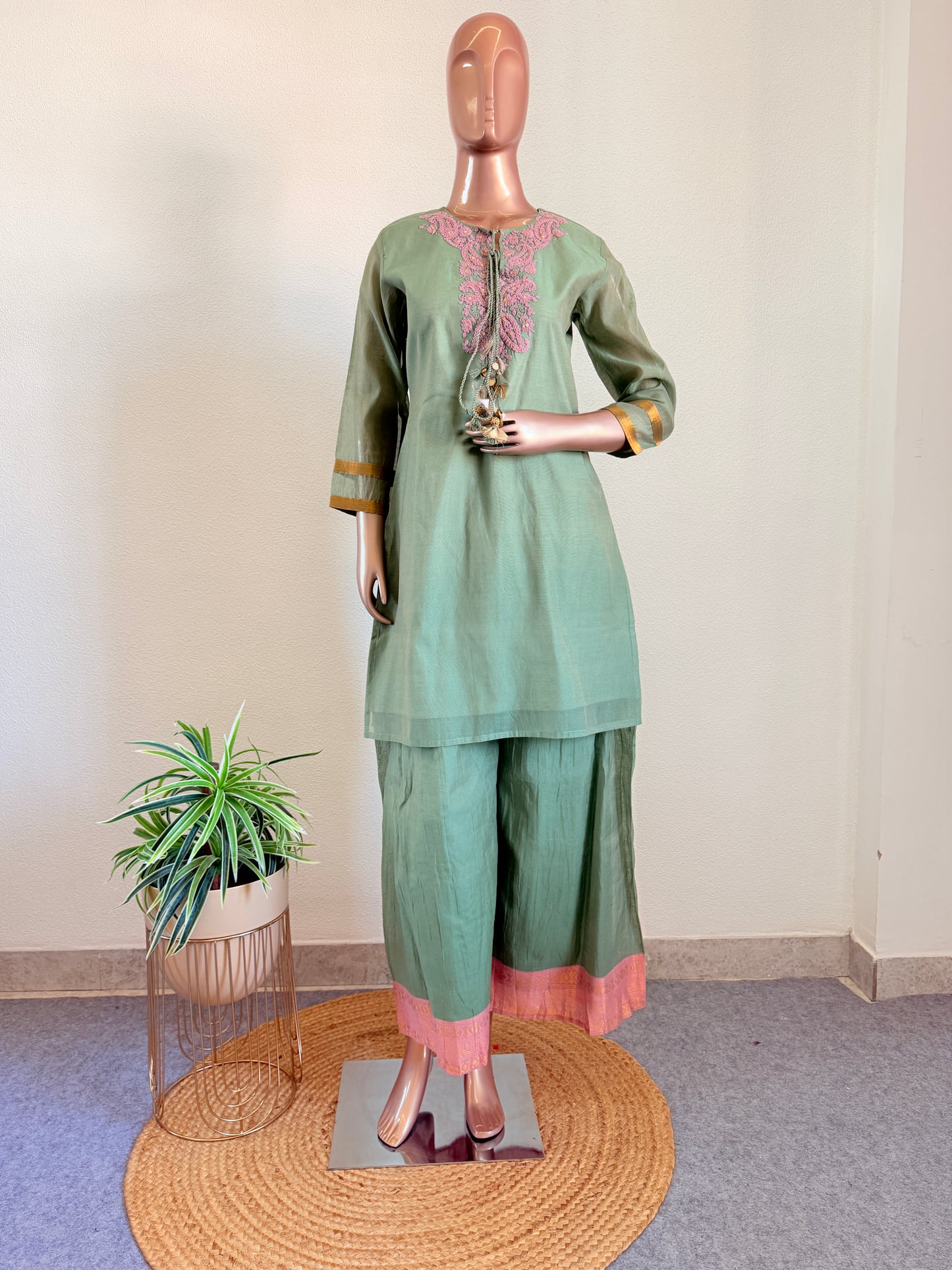 Chanderi Kurta Palazzo Suit Set with Aari work and Contrast Dupatta
