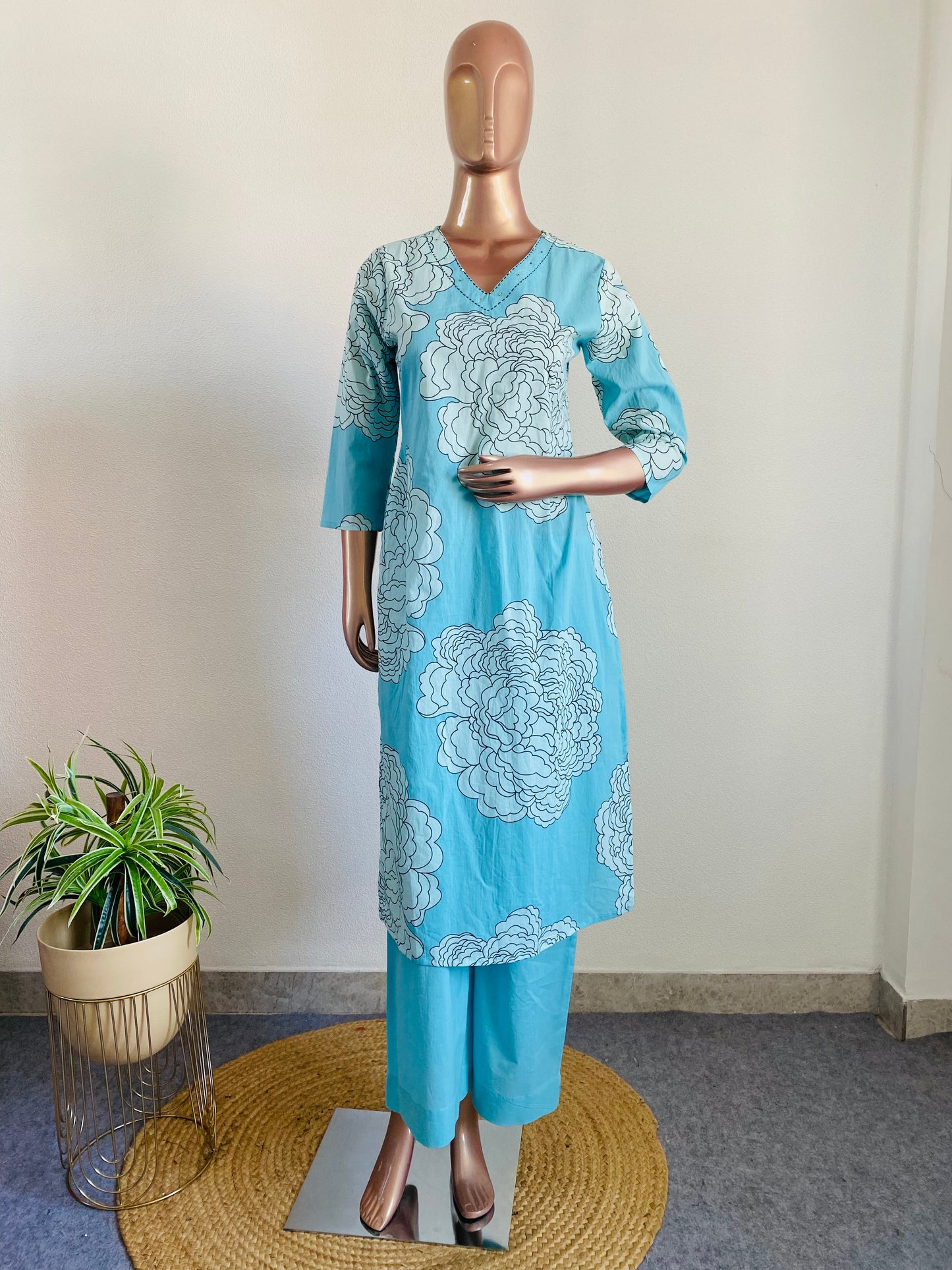 Floral Print V Neck Cotton Suit Set