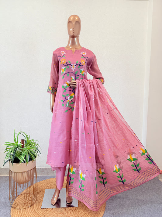 Jamdani A Line Suit Set with Scalloped Neckline- Pink