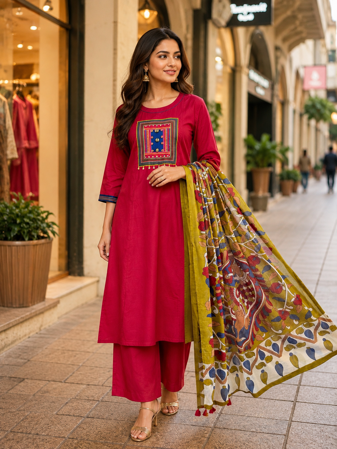 A-Line Cotton Suit Set with Thread Work and Kalamkari Dupatta