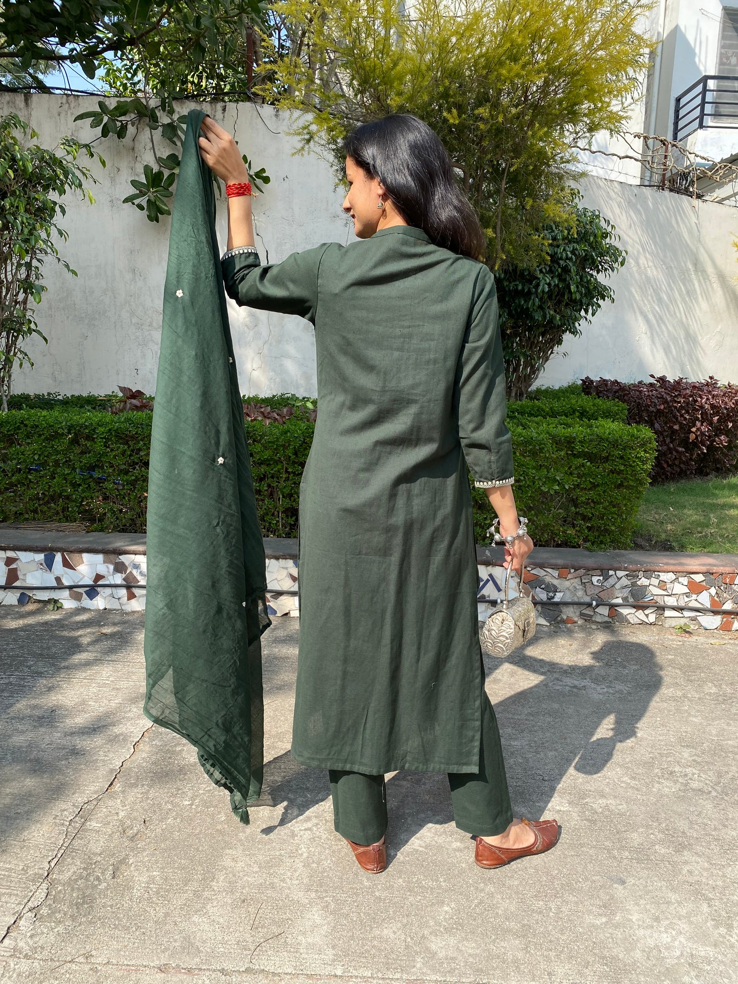 Lucknavi Work Cotton Suit Set with Mul Dupatta- Green