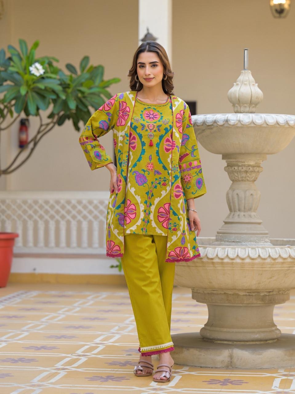 Cotton Flex Jacket 3 Piece Coord Set- Mustard