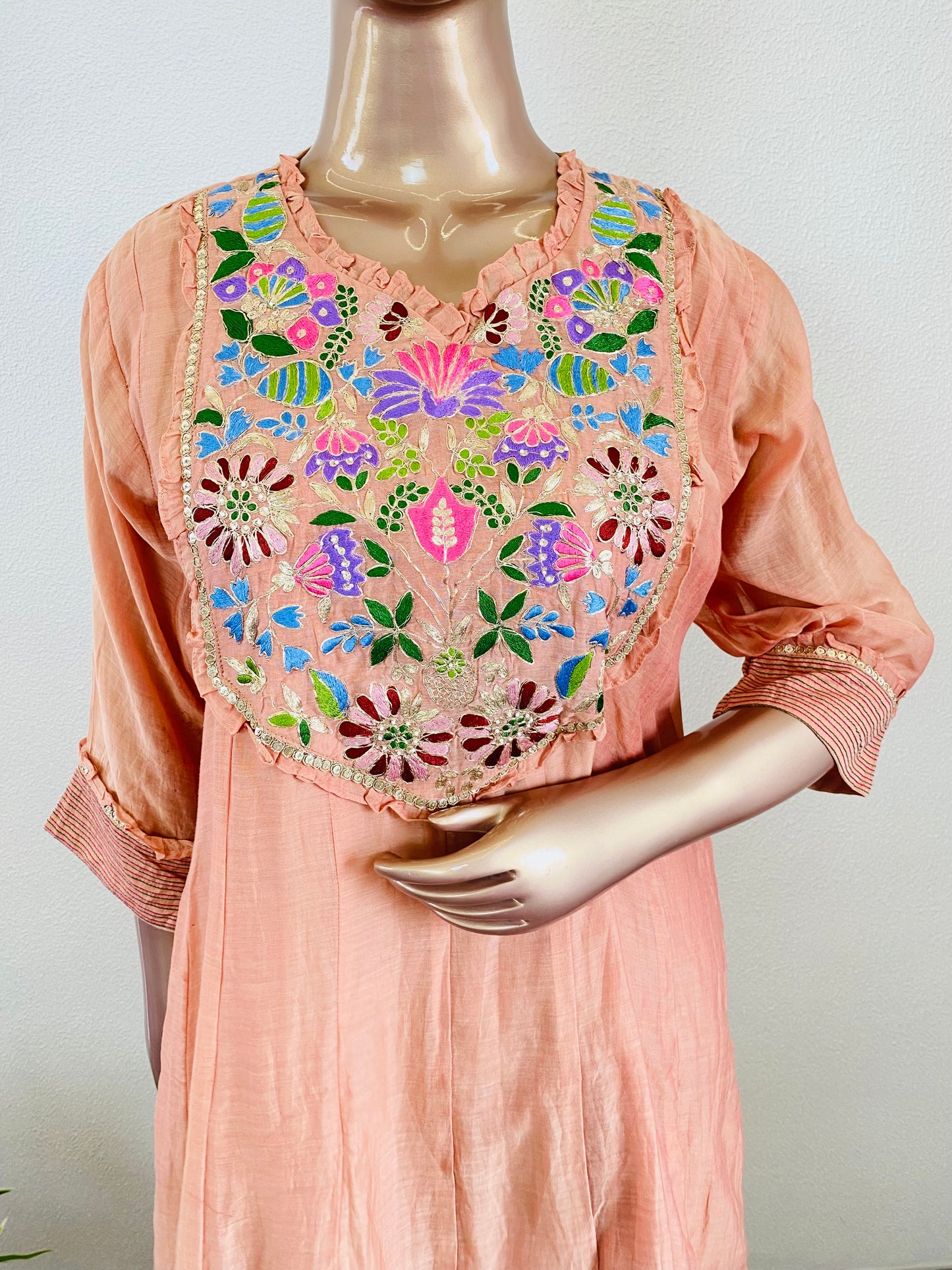 Mul Chanderi Frock Suit with Pittan Work on Yoke