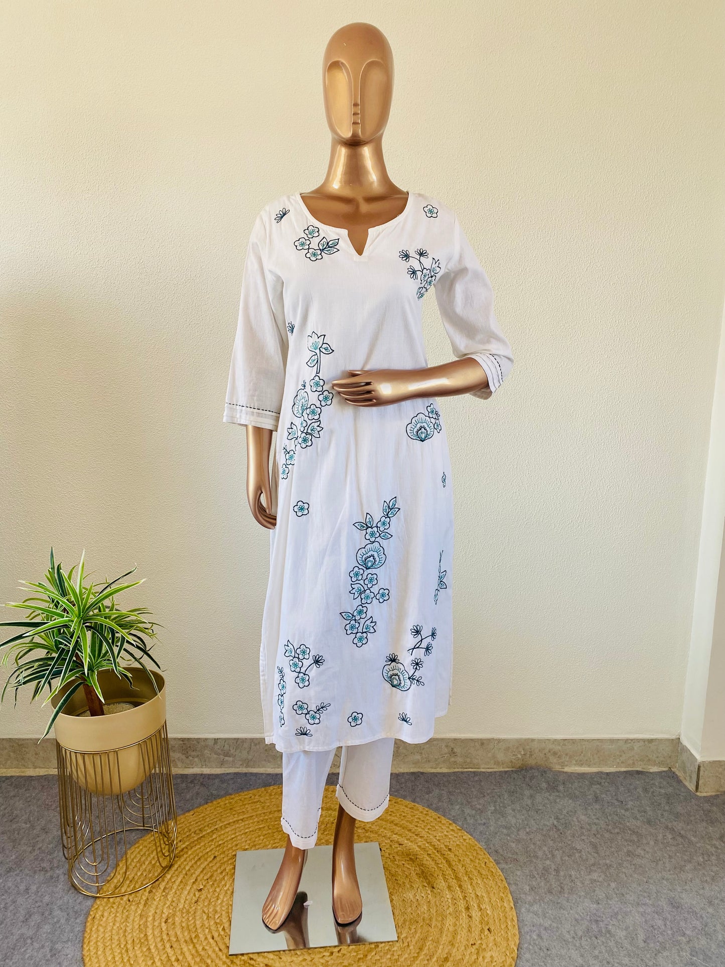 Pure White Cotton Flex Suit Set with Aari work