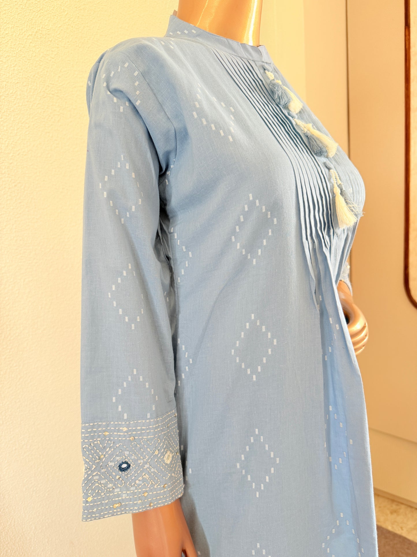 Jamdani A-Line Suit set with Katha & Mirror Work