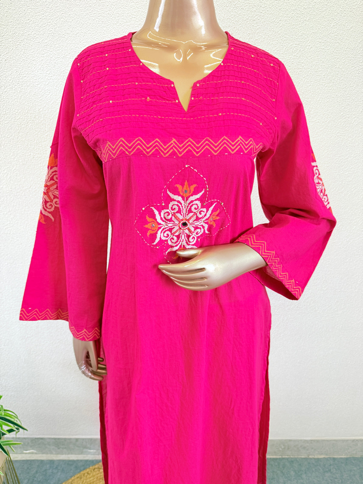 Rani Pink Cotton Flex Straight Suit Set with Pintuck & Mirror Accents