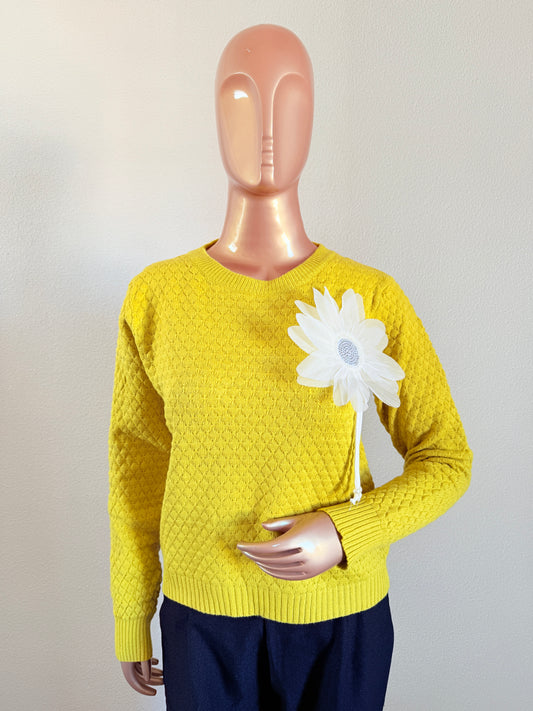 Woollen Top with Floral Patch- Hot Yellow