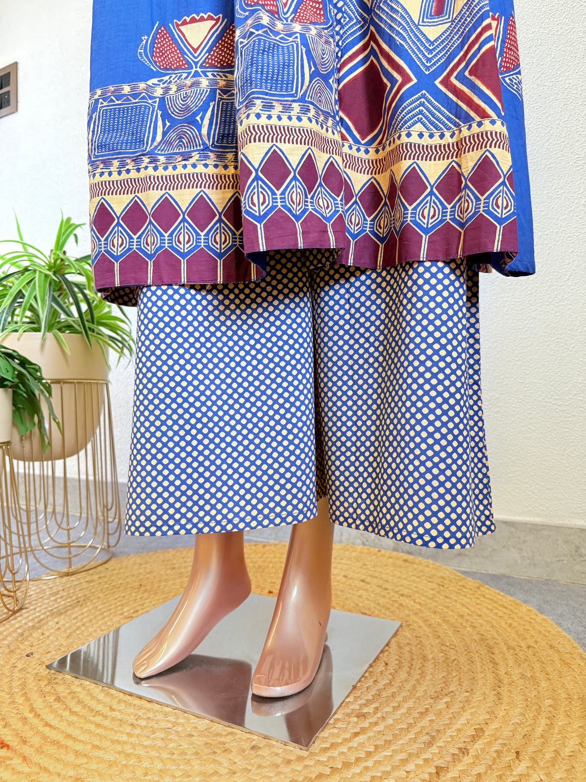 Embroidered V-Neck Pintuck Kalidar Suit Set with Wide Printed Pants & Dupatta