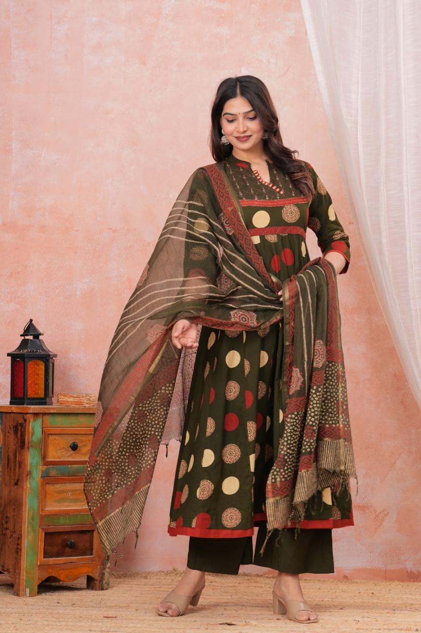 Printed Cotton Frock Suit with Kota Doria Dupatta