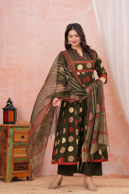Printed Cotton Frock Suit with Kota Doria Dupatta