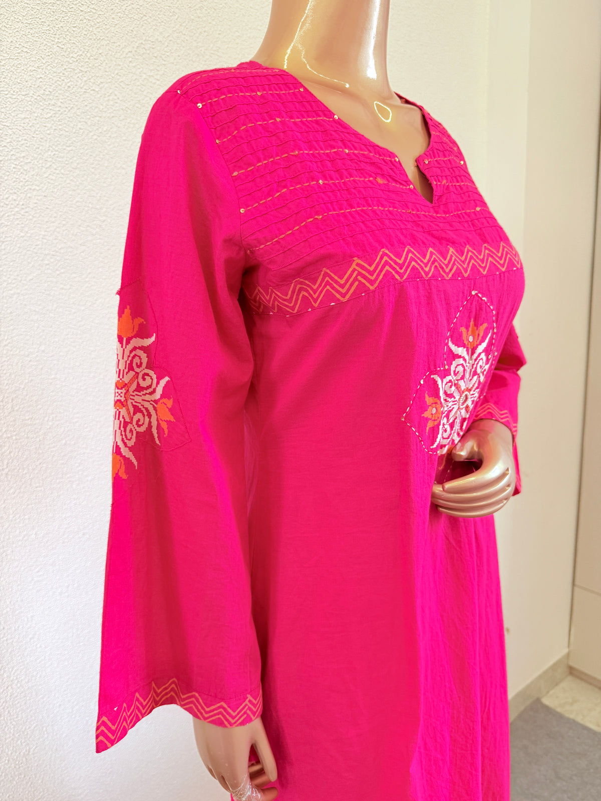 Rani Pink Cotton Flex Straight Suit Set with Pintuck & Mirror Accents