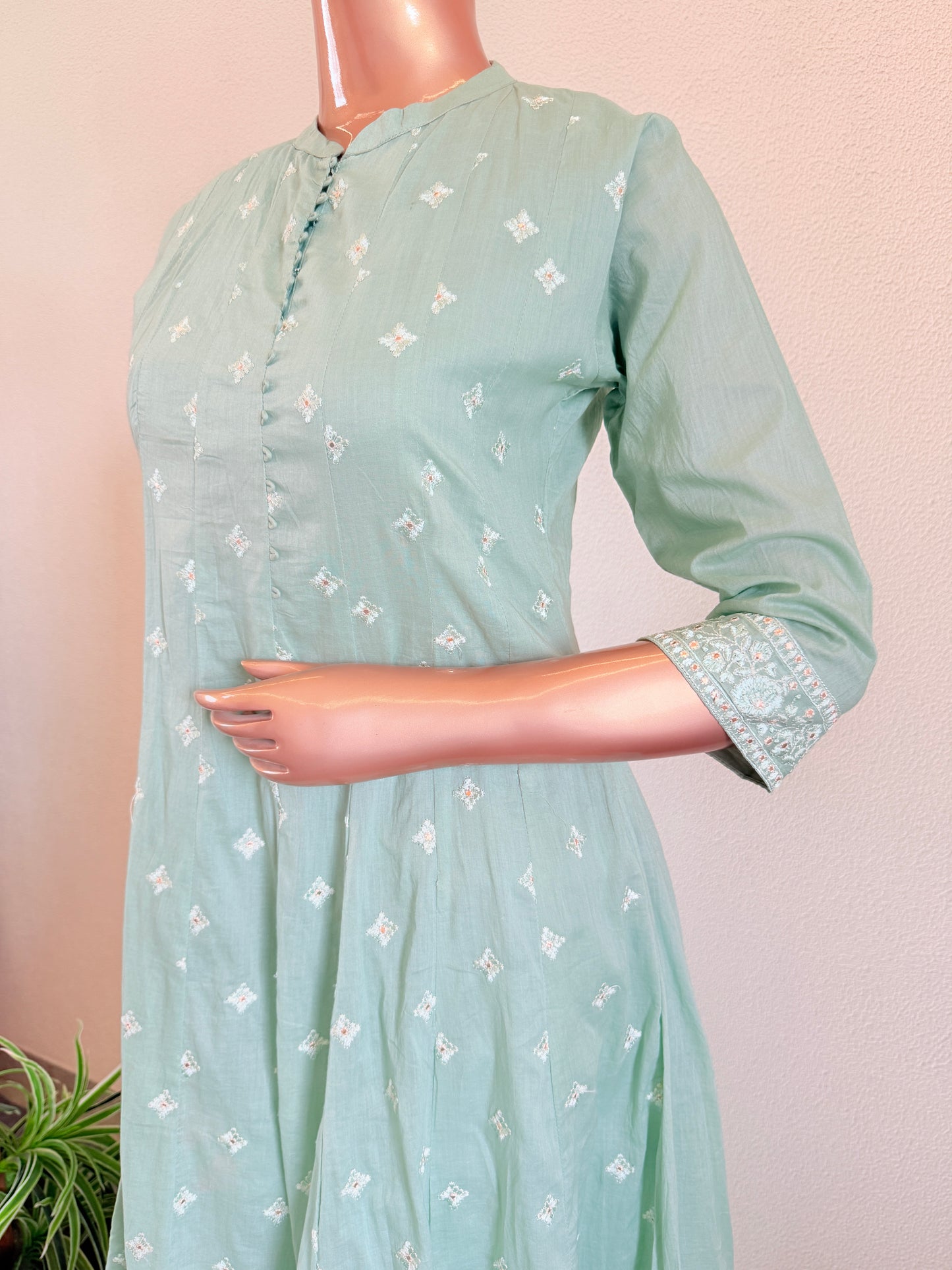Embroidered Cotton Anarkali Set - Mint
