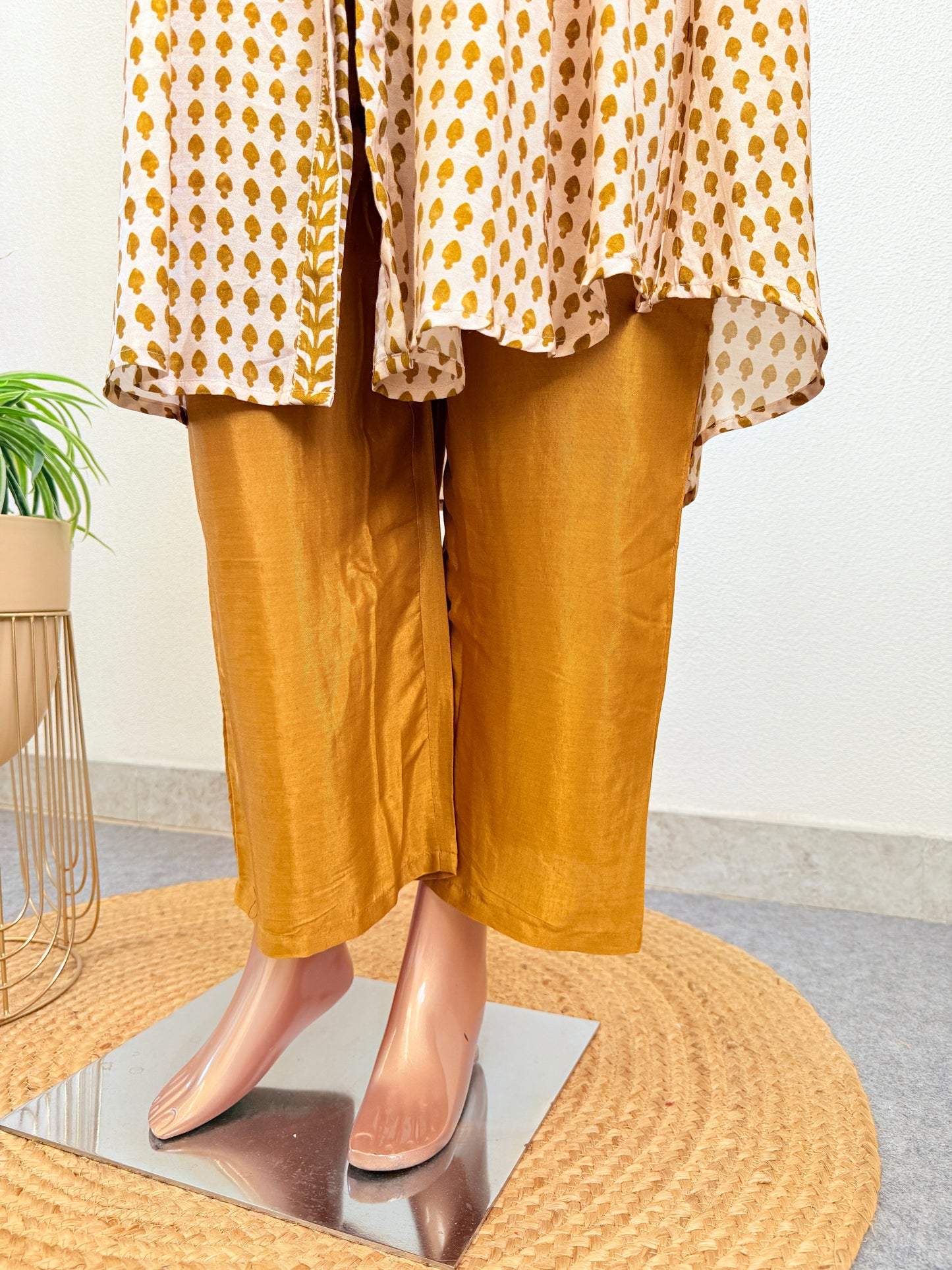 Muslin Block-Print Kurta Pant with Mandarin Collar
