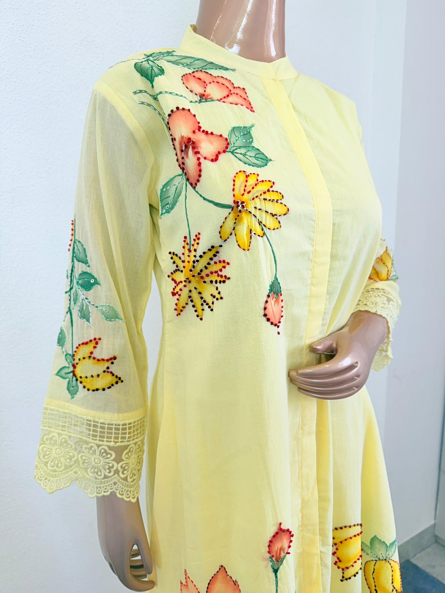 Hand Painted Kantha Work Cotton Kurta Pant Set - Yellow