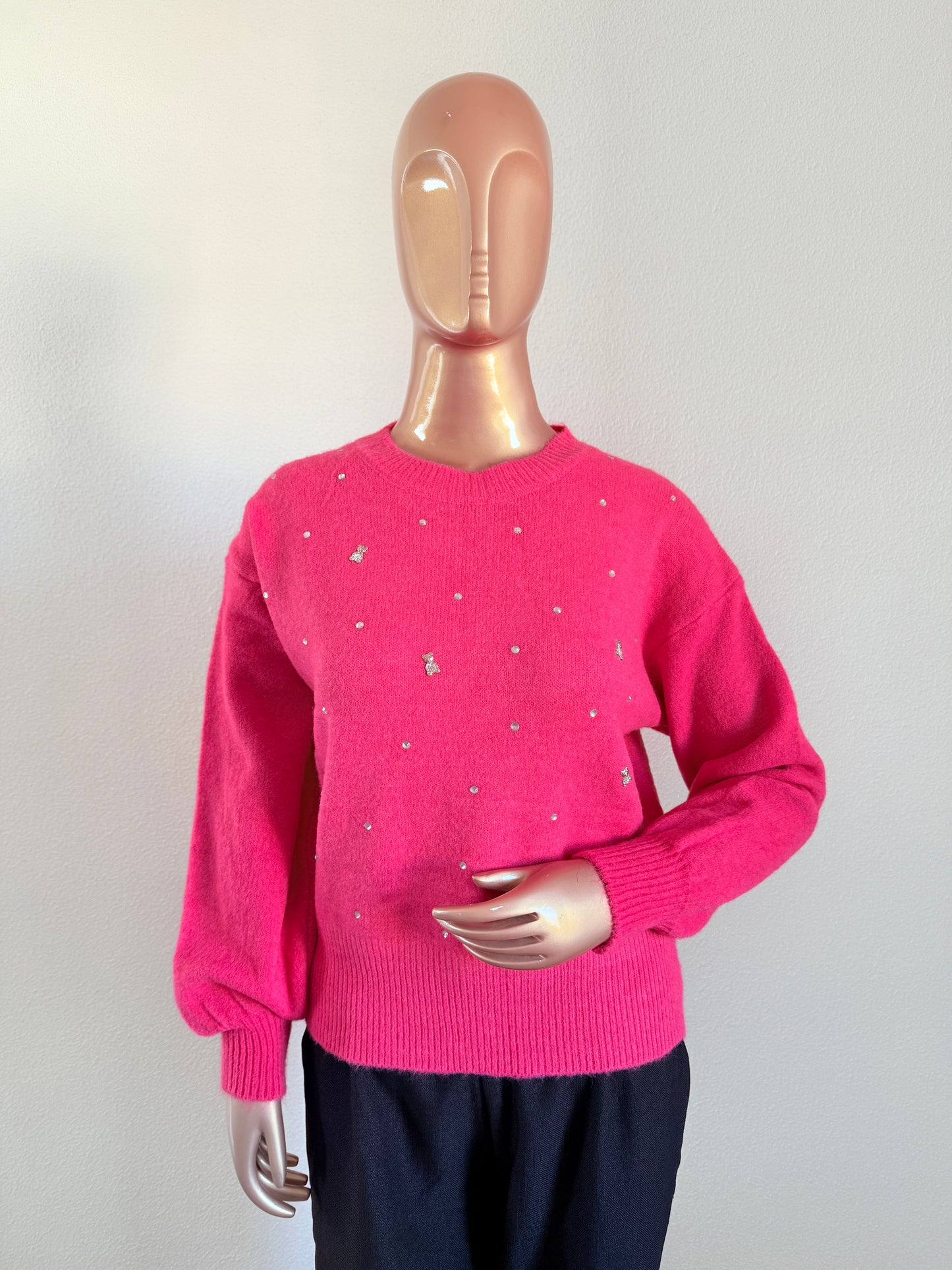 Woollen Top with Diamond and Teddy Bear Studs -Hot Pink