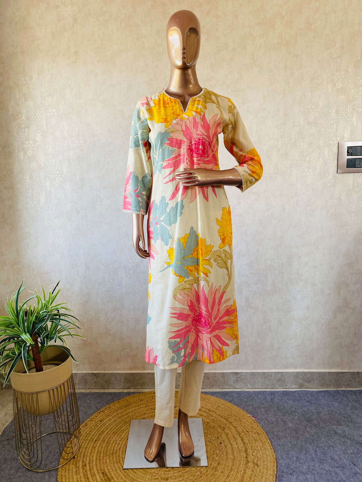 Pearl Work Floral Cotton Suit Set