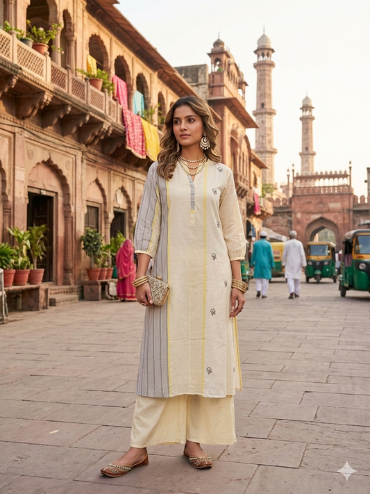 Khadi Cotton Kurta Pant Set with Katha Work - Lemon
