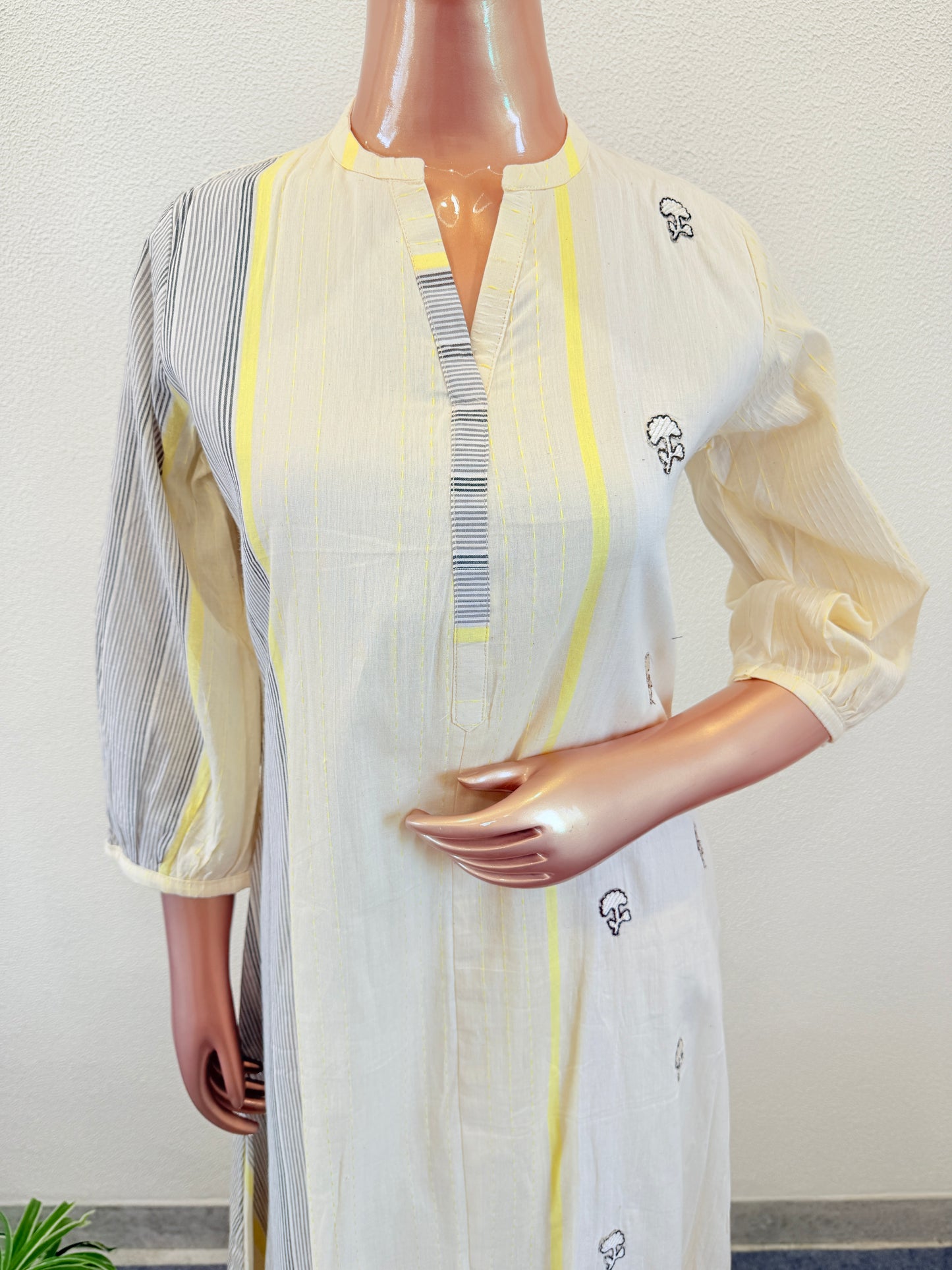 Khadi Cotton Kurta Pant Set with Katha Work - Lemon