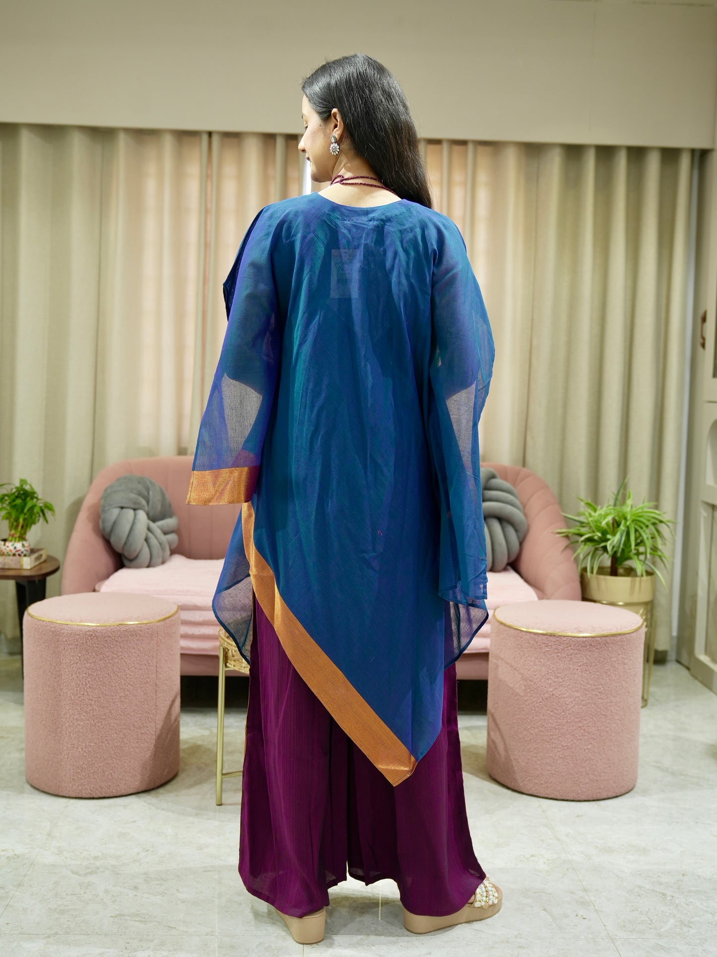 Chanderi Kaftan Indo Western with Neck Piece - Blue