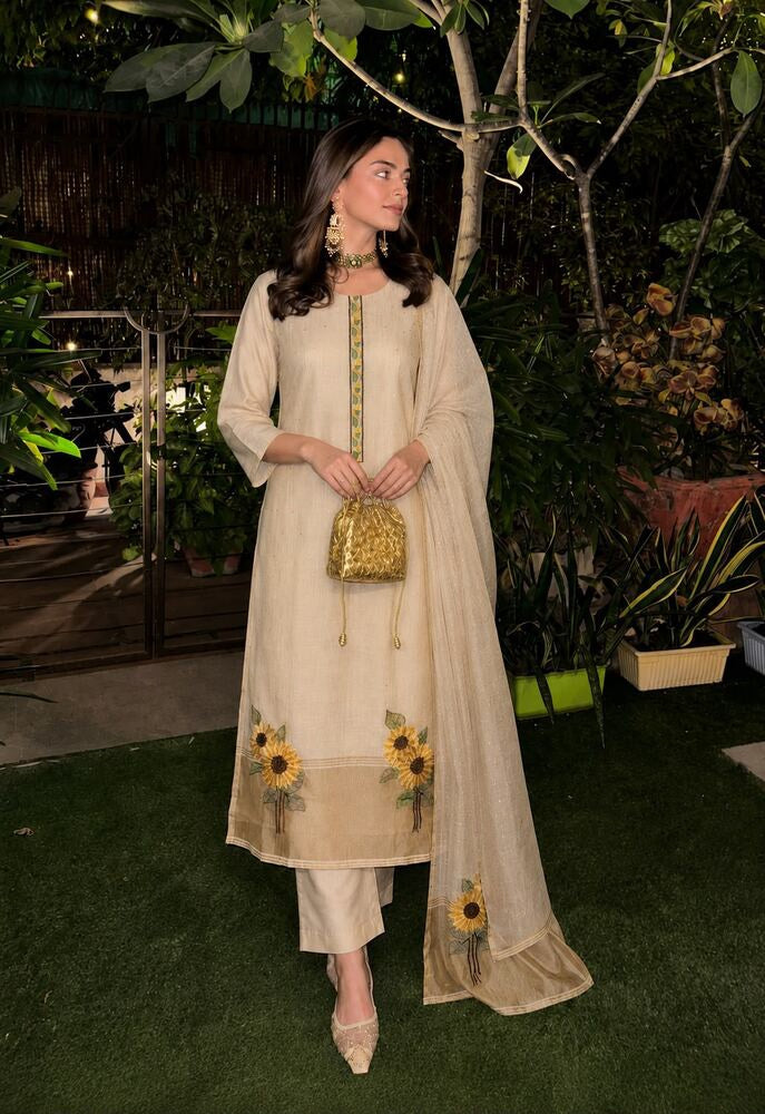 Sunflower Embroidered Tissue Border Chanderi Suit Set with Trousers & Dupatta