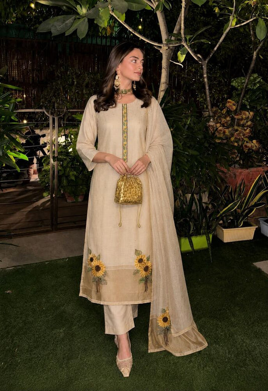 Sunflower Embroidered Tissue Border Chanderi Suit Set with Trousers & Dupatta