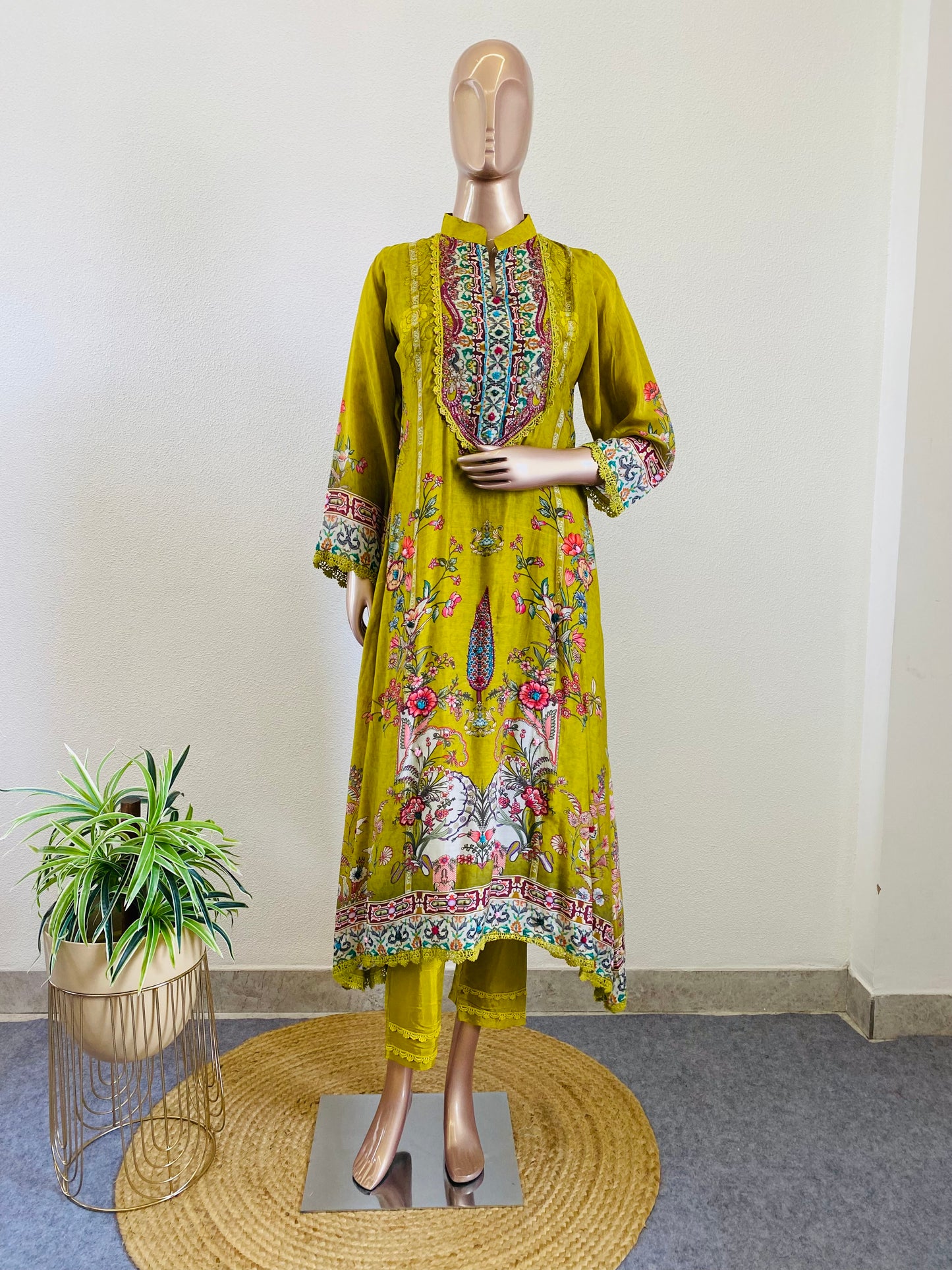 Printed Soft Muslin A-line Suit Set- Green