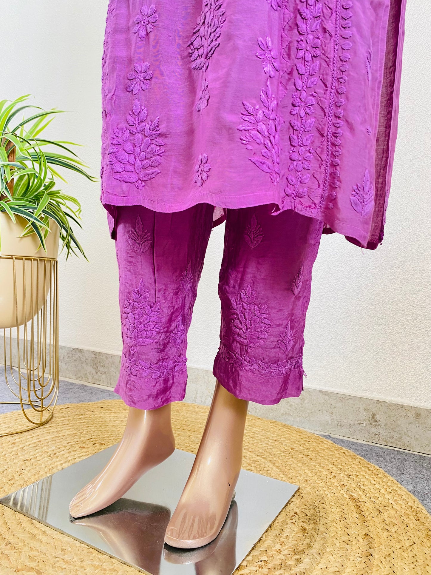 Muslin Ombre Chikankari Kurta Pant Set- Lavender